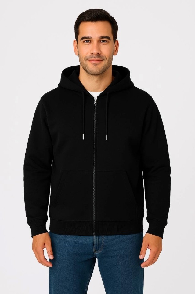 Adisia Erkek Üç Iplik Kapüşonlu Tam Fermuarlı Kanguru Çepli Sweatshirt Hoodie - Siyah