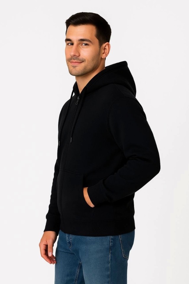 Adisia Erkek Üç Iplik Kapüşonlu Tam Fermuarlı Kanguru Çepli Sweatshirt Hoodie - Siyah görsel 2