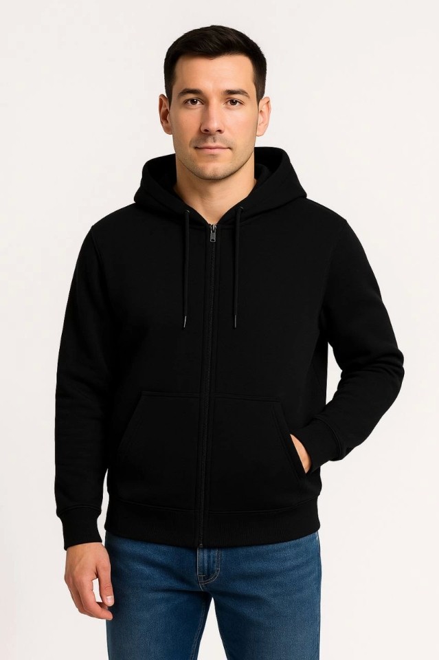 Adisia Erkek Üç Iplik Kapüşonlu Tam Fermuarlı Kanguru Çepli Sweatshirt Hoodie - Siyah görsel 3