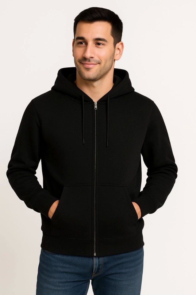 Adisia Erkek Üç Iplik Kapüşonlu Tam Fermuarlı Kanguru Çepli Sweatshirt Hoodie - Siyah görsel 4