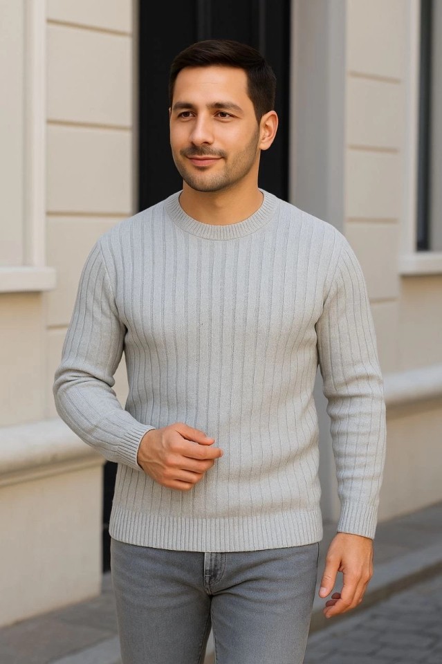 Adisia Erkek Bisiklet Yuvarlak Yaka Triko Kazak Pamuklu Kalın Fitilli Dokuma, Regular Fit Uzun Kollu Kışlık Model - Gri görsel 2