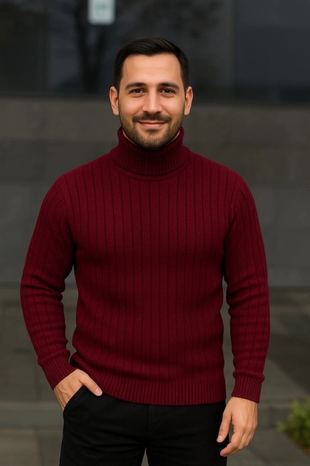 Adisia Erkek Balıkcı Yaka Boğazlı Triko Kazak Pamuklu Kalın Fitilli Dokuma, Regular Fit Uzun Kollu Kışlık Model - Bordo