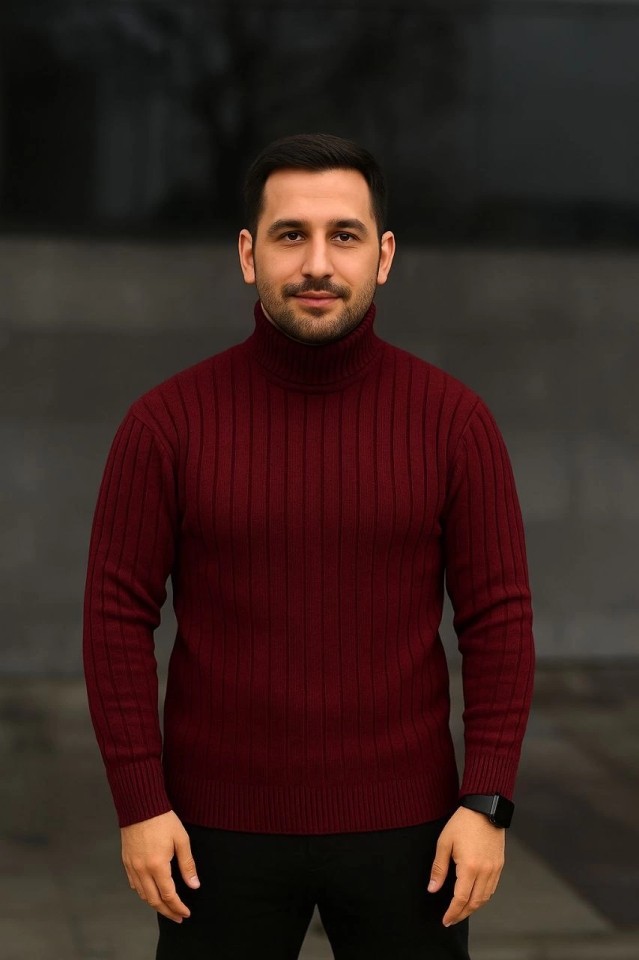 Adisia Erkek Balıkcı Yaka Boğazlı Triko Kazak Pamuklu Kalın Fitilli Dokuma, Regular Fit Uzun Kollu Kışlık Model - Bordo görsel 3