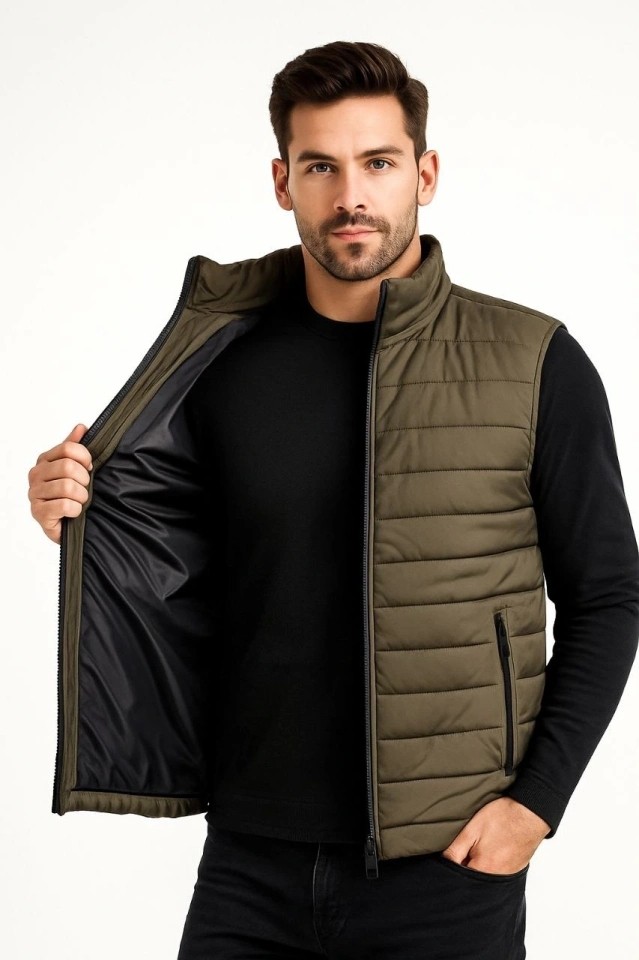 Lune Store Erkek Şişme Fermuarlı Yelek Su Itici Kapitone Astarlı Kumaş Cepli Hafif Kışlık Spor Rahat Kalıp - Haki
