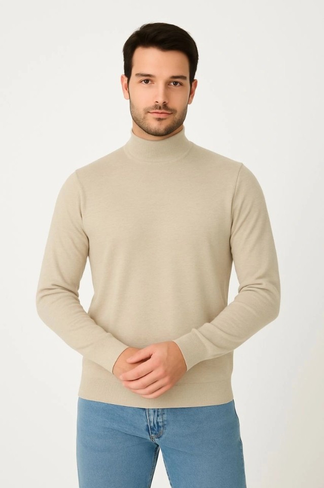 Gökyüzü Moda Erkek Yarım Boğaz Triko Kazak Yumuşak Dokulu Pamuklu Ince Dokuma, Uzun Kollu Rahat Regular Kalıp - Bej görsel 3