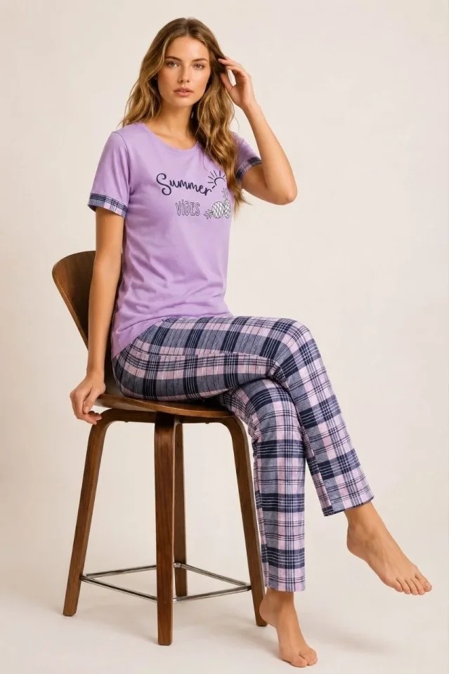 Beruflic Pamuklu Penye Summer Baskılı Kısa Kollu Pijama Takımı Bisiklet Yaka Ekose Desenli - Lila görsel 4