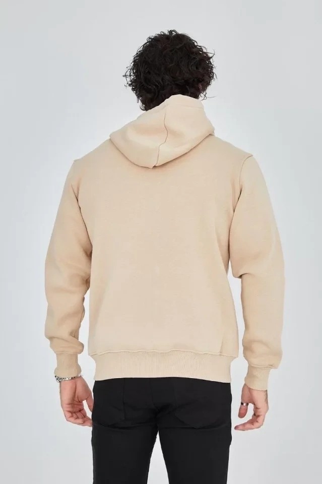 Lune Store Erkek Kapüşonlu Baskılı Fermuarlı Hırka - Bej görsel 2