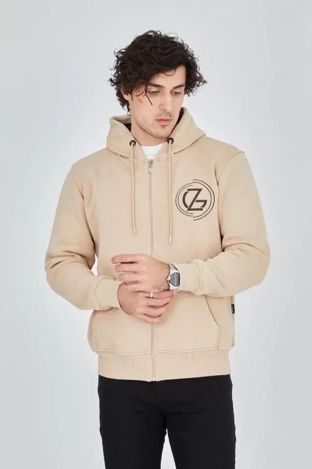 Lune Store Erkek Kapüşonlu Baskılı Fermuarlı Hırka - Bej görsel 3