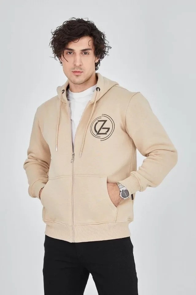 Lune Store Erkek Kapüşonlu Baskılı Fermuarlı Hırka - Bej görsel 4