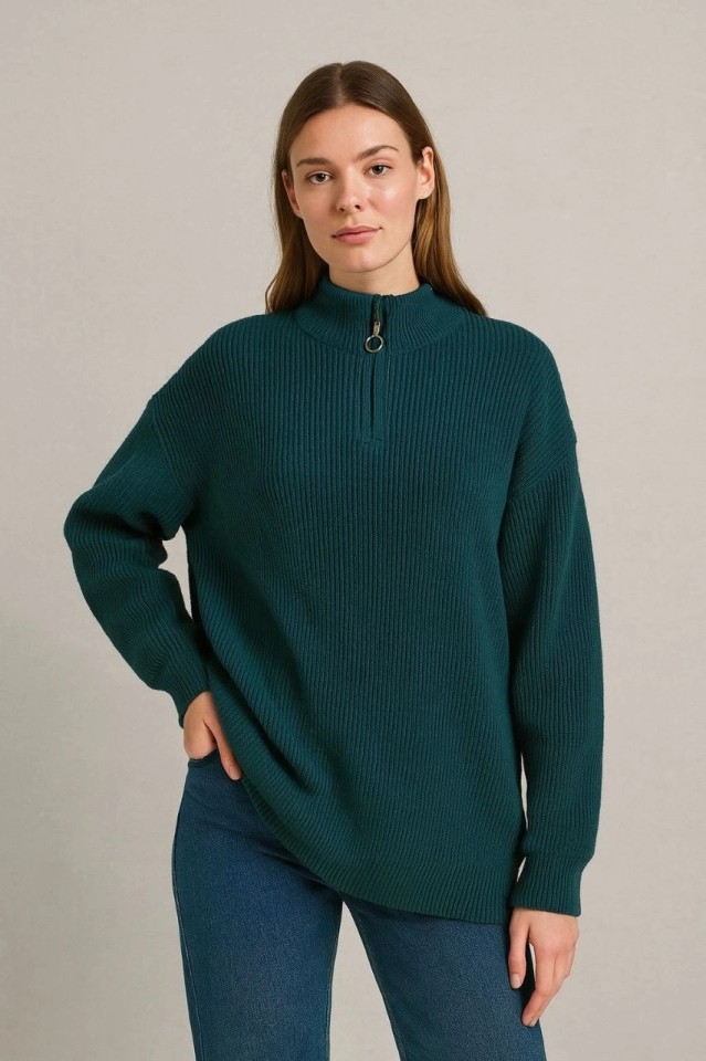 TeknoKapsül Kadın Yarım Fermuarlı Triko Kazak, Selanik Örgü, Dik Yaka, Pamuklu Dokuma, Oversize Uzun Kollu Kışlık Model - Haki - Haki / S görsel 2