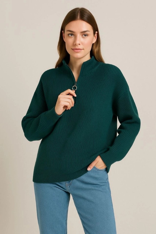 TeknoKapsül Kadın Yarım Fermuarlı Triko Kazak, Selanik Örgü, Dik Yaka, Pamuklu Dokuma, Oversize Uzun Kollu Kışlık Model - Haki - Haki / S görsel 5