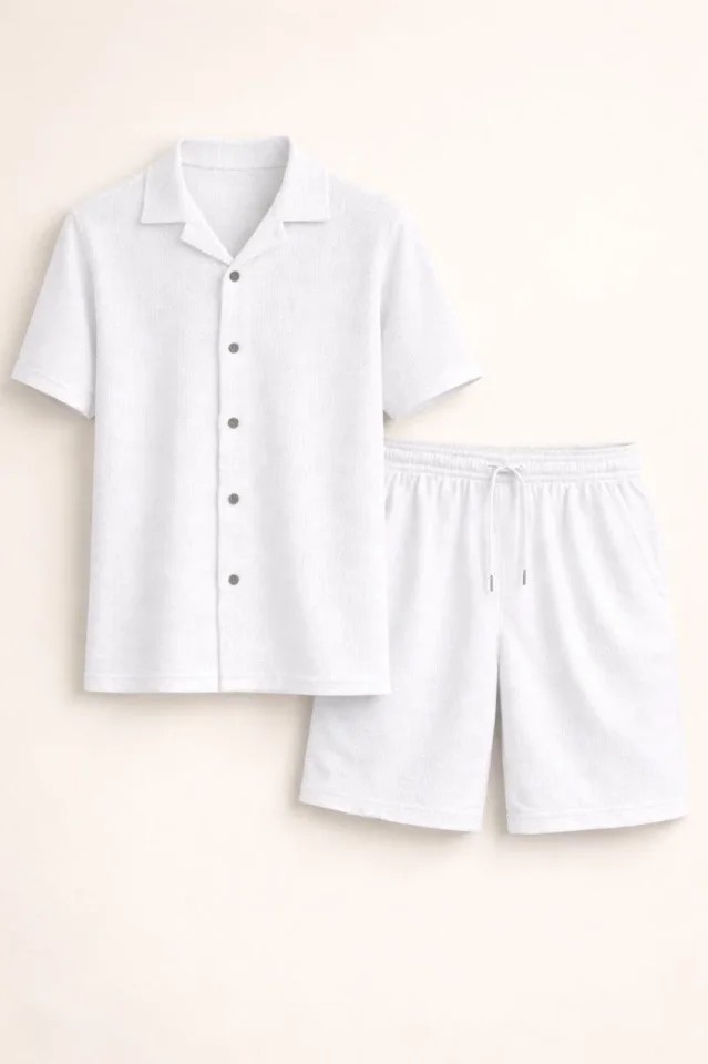TeknoKapsül Erkek Waffle Kumaş Kısa Kollu Gömlek Şort Takım Regular Fit Yazlık Ikili Set - Beyaz - Beyaz / 2xl görsel 2