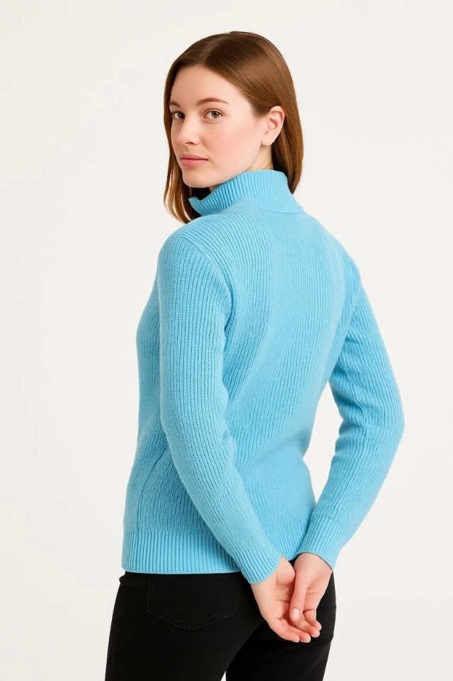 TeknoKapsül Kadın Yarım Fermuarlı Triko Kazak, Selanik Örgü, Dik Yaka, Pamuklu Dokuma, Oversize Uzun Kollu Kışlık Model - Bebe Mavisi - Mint Yeşili / M görsel 3