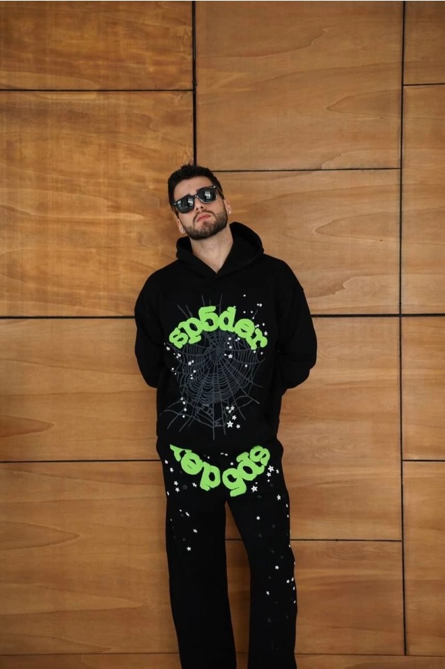 TeknoKapsül Erkek Kapüşonlu Eşofman Takım Örümcek Ağı ve Neon Yeşil Baskılı Kanguru Cepli Oversize Rahat Kalıp, Premium Üç Iplik Kumaş - Siyah - Siyah / 2xl görsel 3