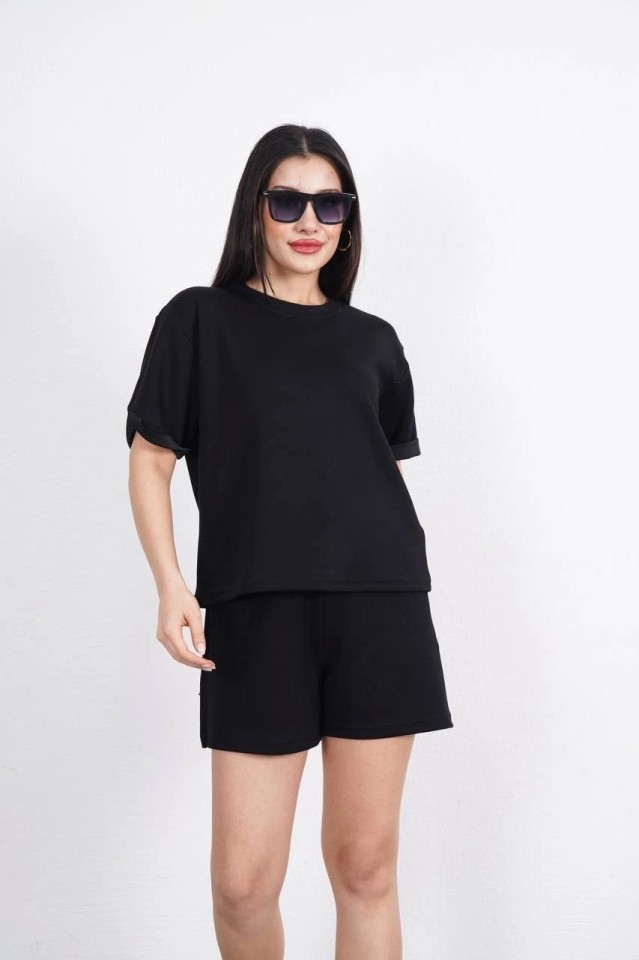 TeknoKapsül Osy Modal Yumuşak Dokulu Kumaş Bisiklet Yaka T-Shirt Kısa Şort Ikili Takım - Siyah - Siyah / L