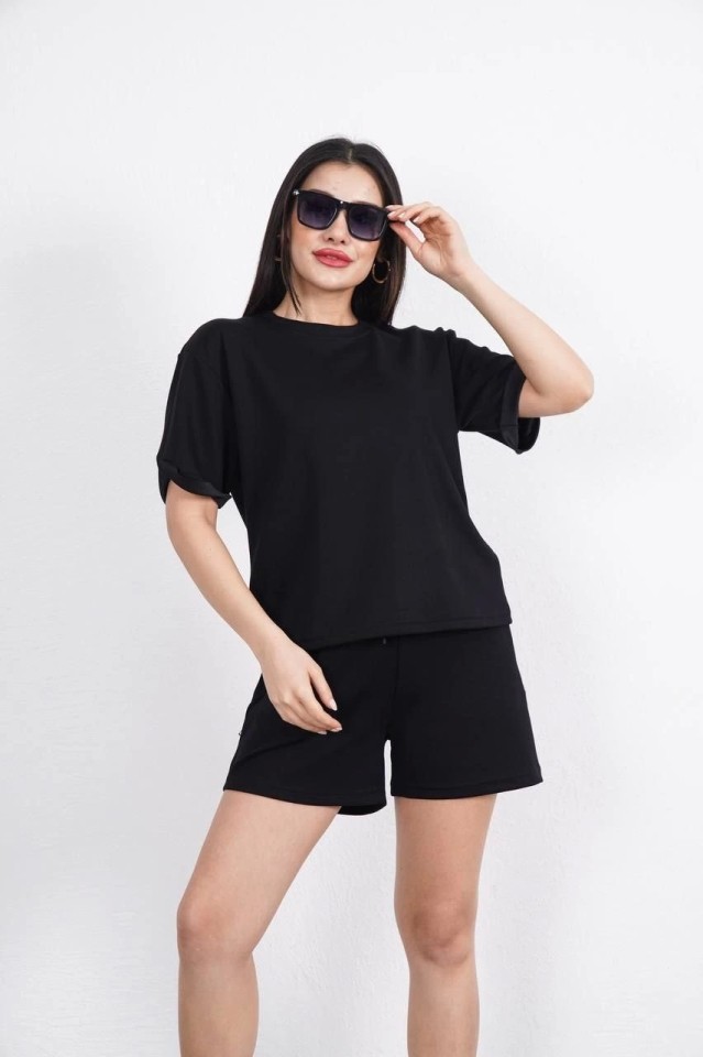 TeknoKapsül Osy Modal Yumuşak Dokulu Kumaş Bisiklet Yaka T-Shirt Kısa Şort Ikili Takım - Siyah - Siyah / L görsel 3