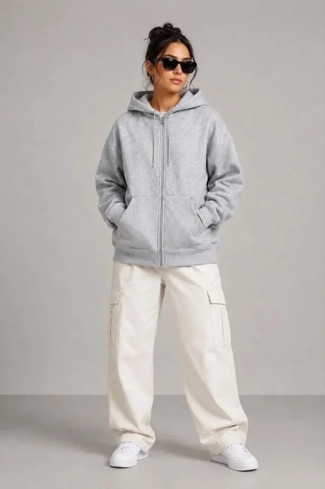 Beruflic 3 Iplik Şardonlu Tam Fermuarlı Kapüşonlu Arka Çanta Detaylı Sweatshirt - Gri görsel 3