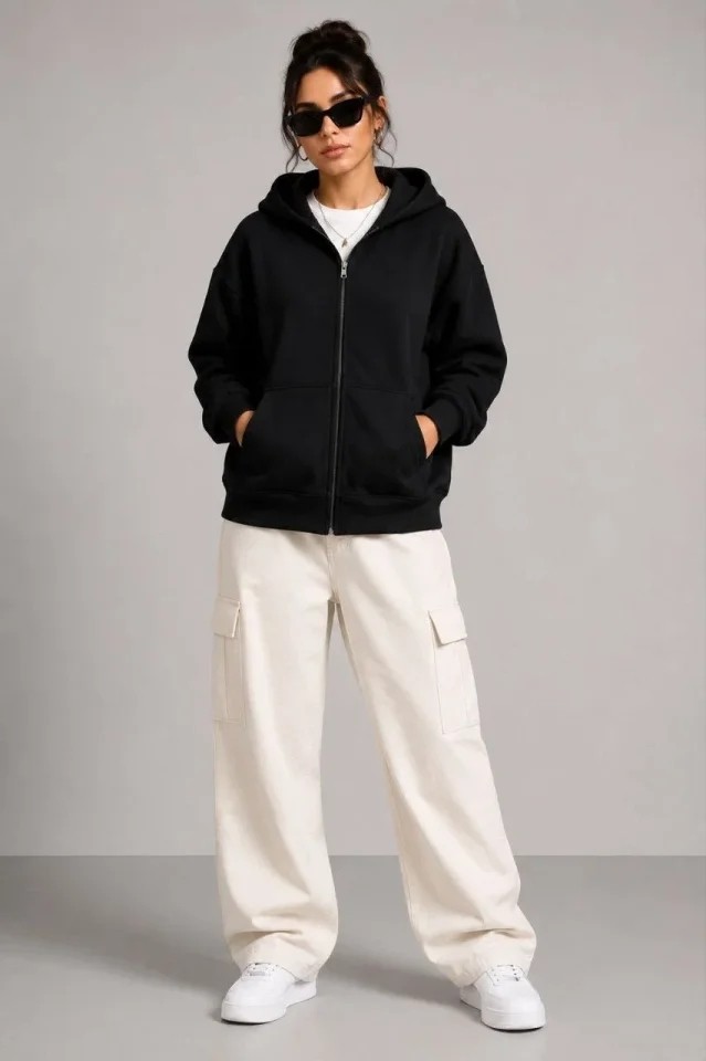 Beruflic 3 Iplik Şardonlu Tam Fermuarlı Kapüşonlu Arka Çanta Detaylı Sweatshirt - Siyah görsel 3