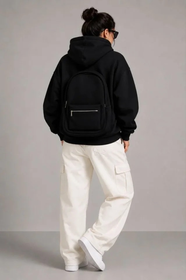 Beruflic 3 Iplik Şardonlu Tam Fermuarlı Kapüşonlu Arka Çanta Detaylı Sweatshirt - Siyah görsel 4