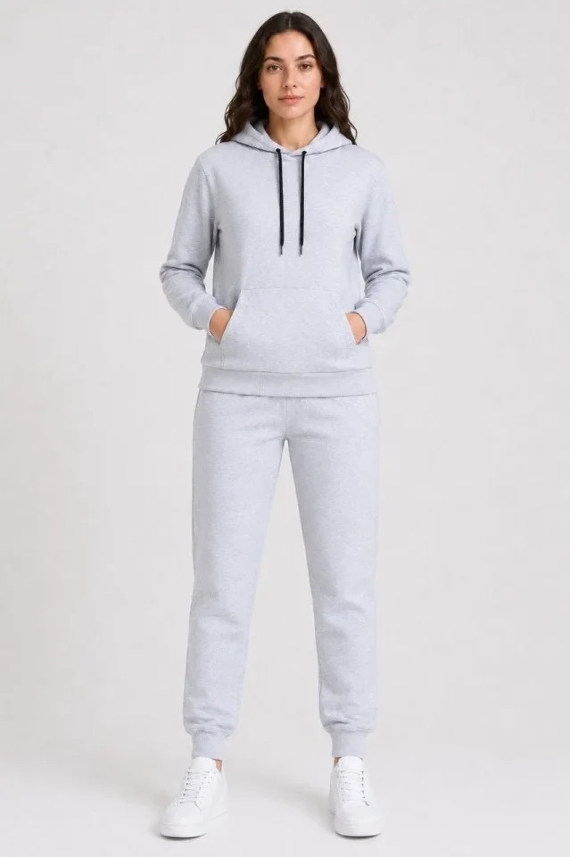 Alyn Wear Iki Iplik Kapüşonlu Kanguru Cepli Jogger Alt Üst Eşofman Takımı - Beyaz görsel 4
