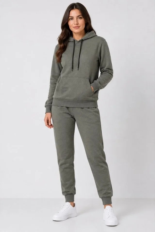 Pusula Sepeti Iki Iplik Kapüşonlu Kanguru Cepli Jogger Alt Üst Eşofman Takımı - Haki görsel 3