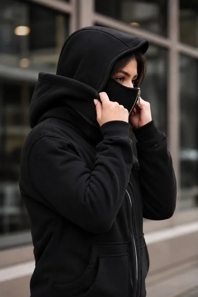 Trend Cojans Maskeli Ninja Model Çift Kapüşonlu 3 Iplik Şardonlu Fermuarlı Oversize Sweatshirt - Siyah görsel 2