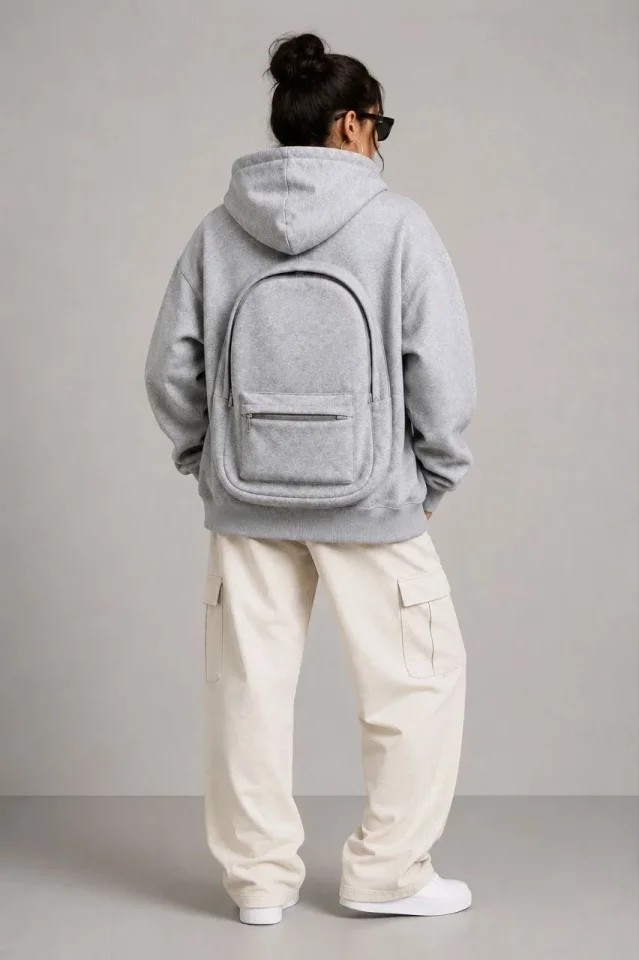 Trend Cojans 3 Iplik Şardonlu Tam Fermuarlı Kapüşonlu Arka Çanta Detaylı Sweatshirt - Gri görsel 4