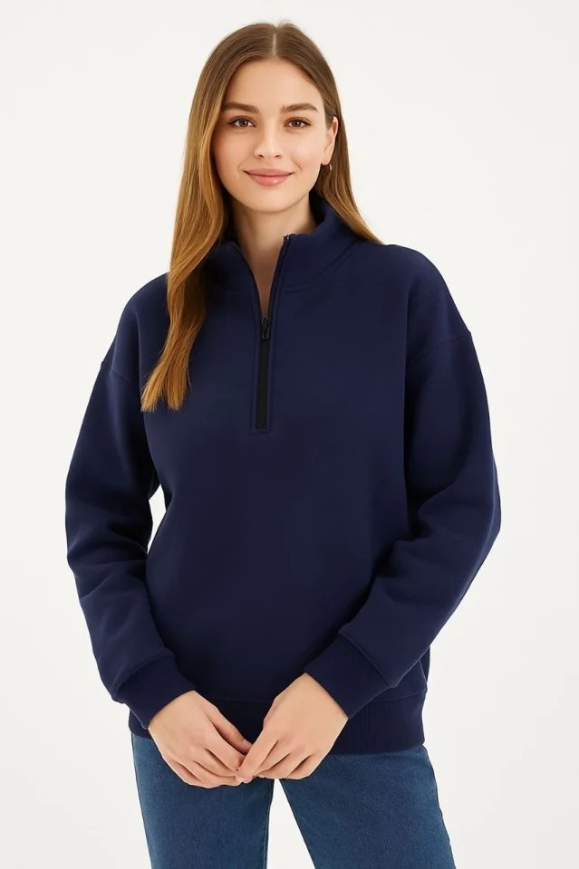 Üç Iplik Dık Yaka Yarım Fermuarlı Sweatshirt - Lacivert görsel 4