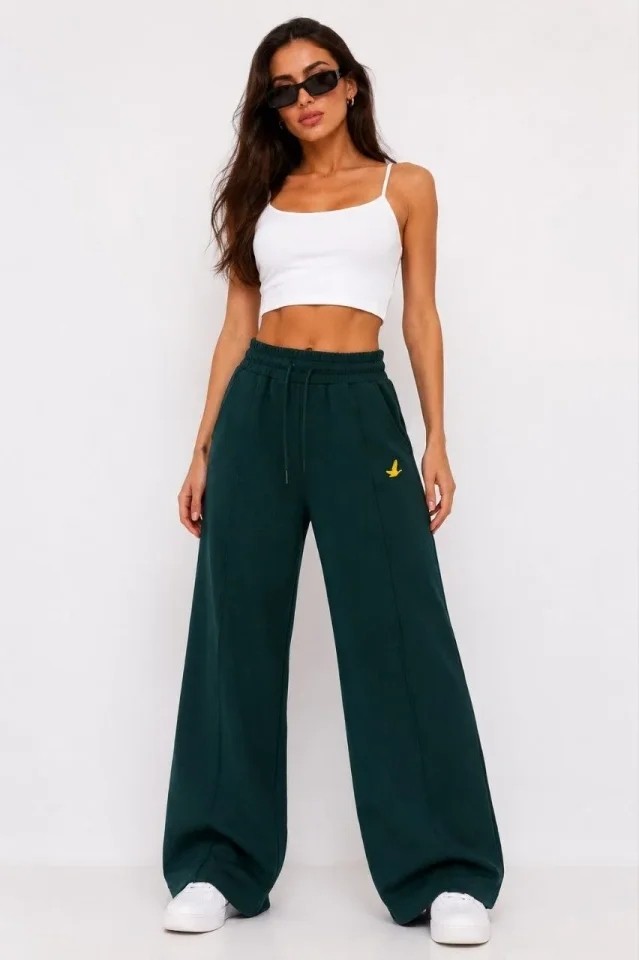 Osy Modal Yumuşak Dokulu Cima Dikişli Nakışlı Cepli Oversize Bol Paça Eşofman Altı - Yeşil görsel 4