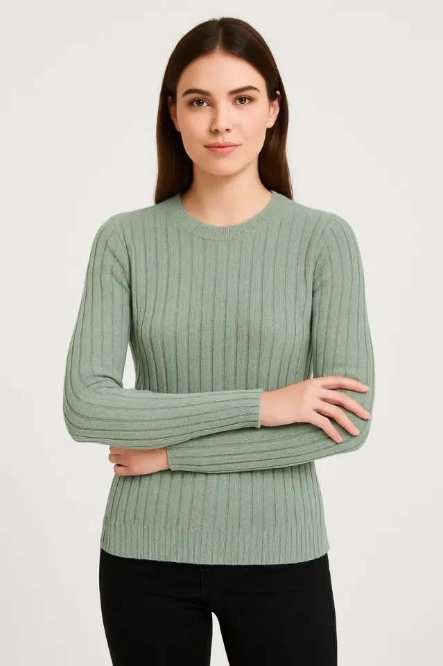 Erkek Bisiklet Yuvarlak Yaka Triko Kazak Pamuklu Kalın Fitilli Dokuma, Regular Fit Uzun Kollu Kışlık Model - Mint Yeşili görsel 4