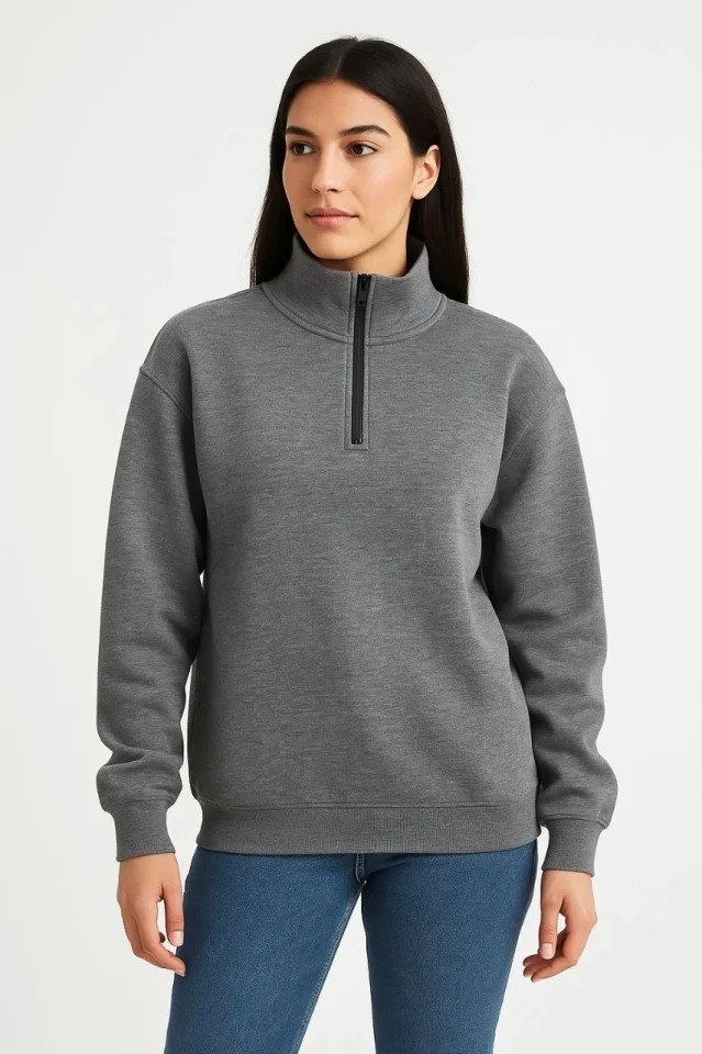 Üç Iplik Dık Yaka Yarım Fermuarlı Sweatshirt - Antrasit