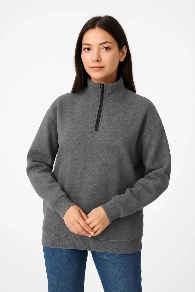 Üç Iplik Dık Yaka Yarım Fermuarlı Sweatshirt - Antrasit görsel 2