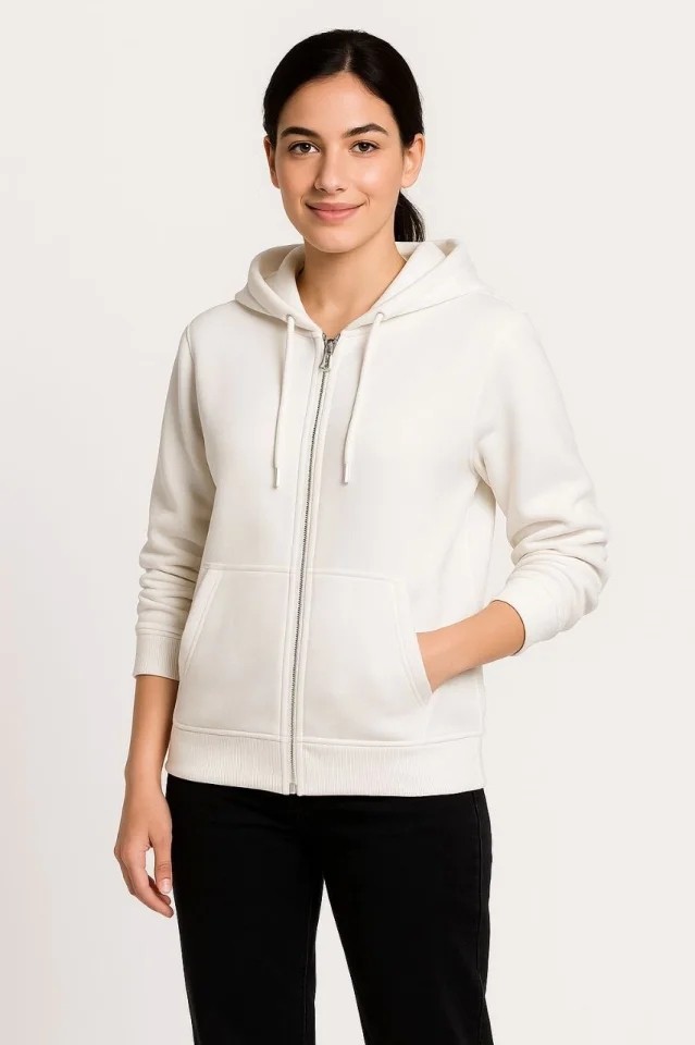 Üç Iplik Kapüşonlu Tam Fermuarlı Kanguru Çepli Sweatshirt Hoodie - Beyaz görsel 2