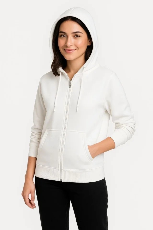 Üç Iplik Kapüşonlu Tam Fermuarlı Kanguru Çepli Sweatshirt Hoodie - Beyaz görsel 3
