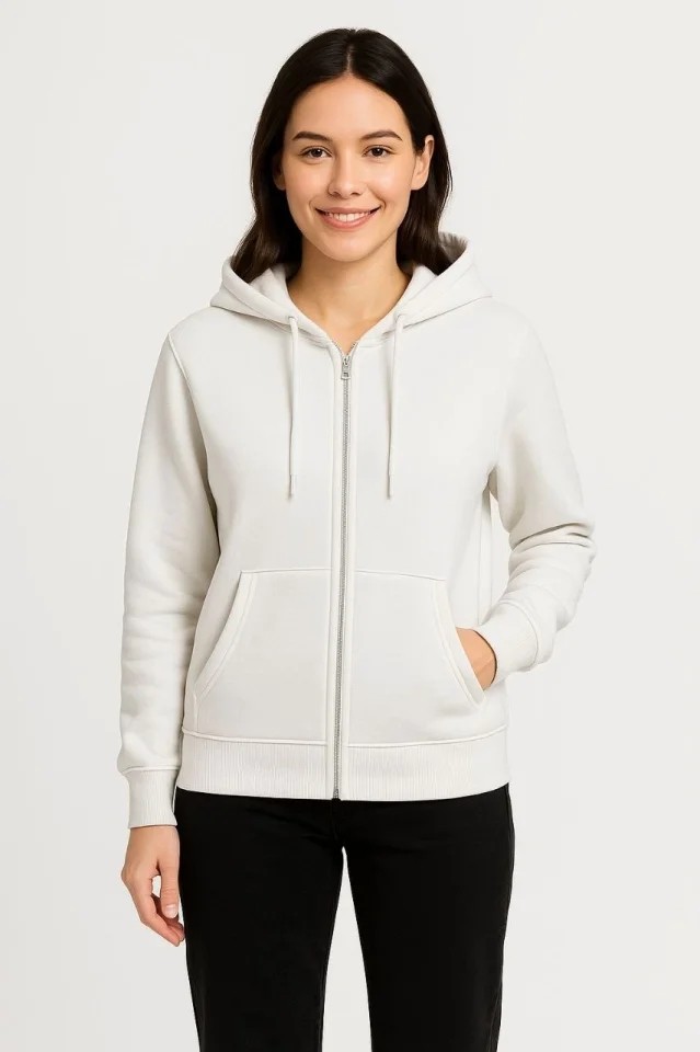 Üç Iplik Kapüşonlu Tam Fermuarlı Kanguru Çepli Sweatshirt Hoodie - Beyaz görsel 4