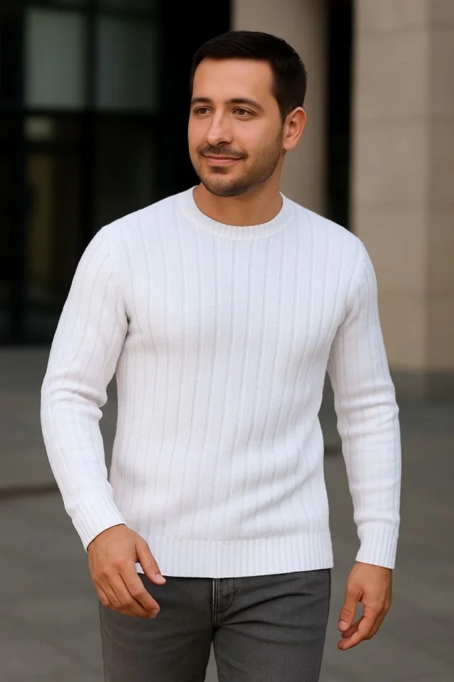 Erkek Fitilli Triko Kazak 3’lü Set, Beyaz, Gri, Siyahkalın Dokuma Pamuklu Regular Fit Bisiklet Yaka Uzun Kollu Kışlık ve Baharlık Rahat Triko Kombini görsel 3