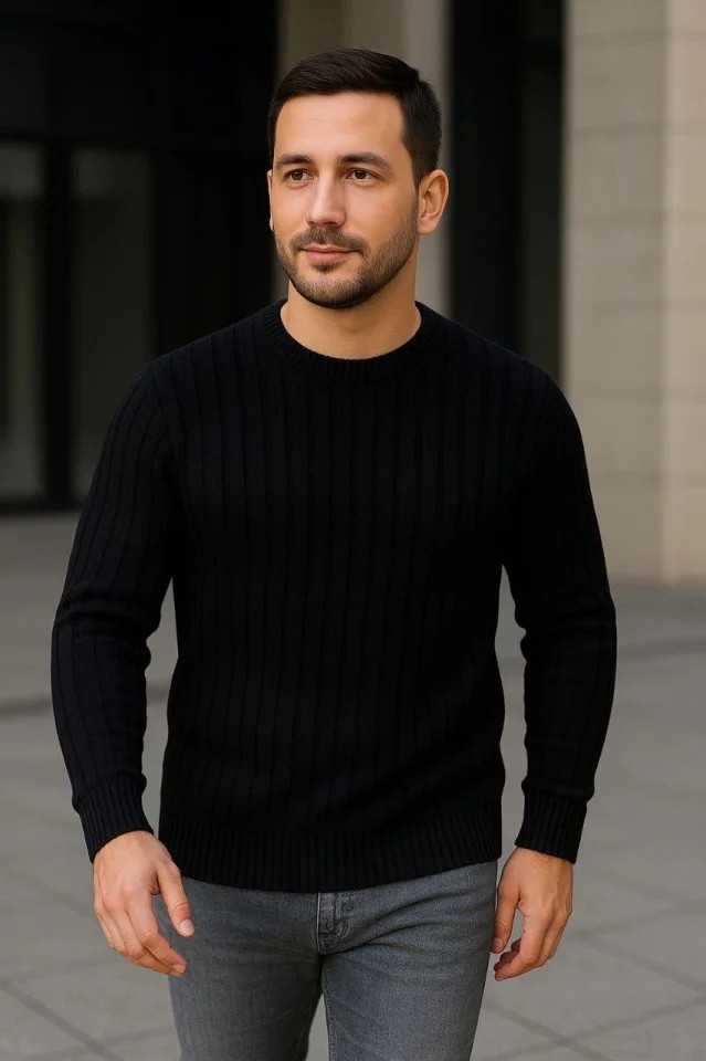 Erkek Fitilli Triko Kazak 4’lü Set, Beyaz, Haki, Bej, Siyahkalın Dokuma Pamuklu Regular Fit Bisiklet Yaka Uzun Kollu Kışlık ve Baharlık Rahat Triko Kombini görsel 2