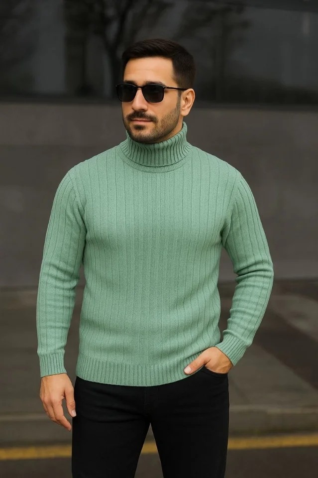 Erkek Balıkcı Yaka Bağazlı Triko Kazak Pamuklu Kalın Fitilli Dokuma, Regular Fit Uzun Kollu Kışlık Model - Mint Yeşili
