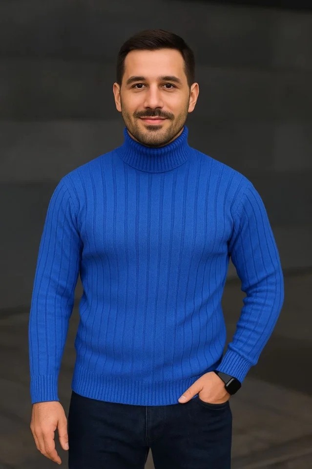 Erkek Balıkcı Yaka Bağazlı Triko Kazak Pamuklu Kalın Fitilli Dokuma, Regular Fit Uzun Kollu Kışlık Model - Saks Mavisi görsel 3