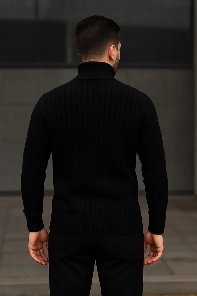 Erkek Fitilli Triko Kazak 2li Set Bej Siyah Regular Balıkcı Yaka Tam Boğazlı Triko Seti Modeli Kazak görsel 4