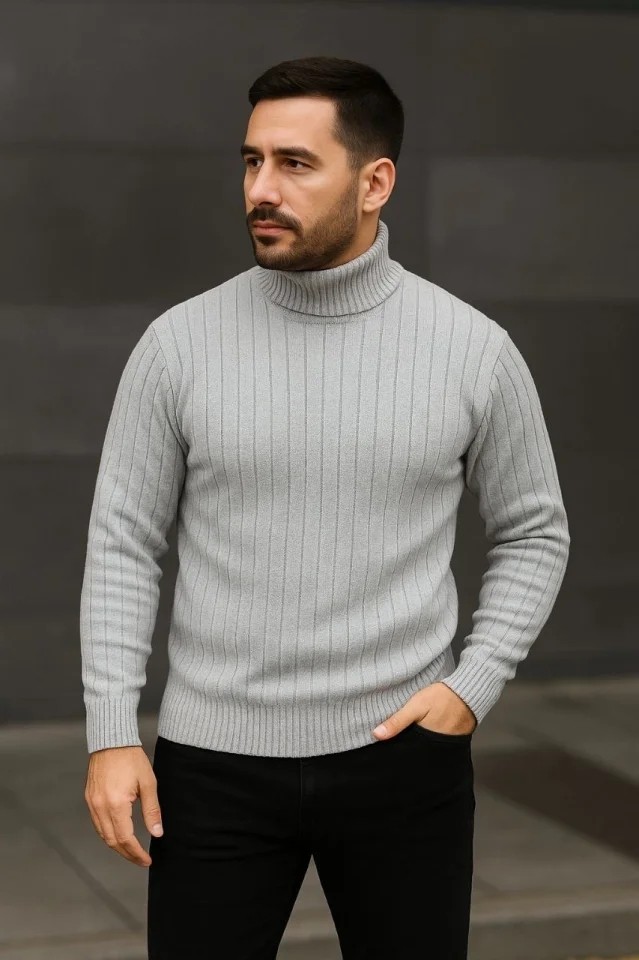Erkek Balıkcı Yaka Bağazlı Triko Kazak Pamuklu Kalın Fitilli Dokuma, Regular Fit Uzun Kollu Kışlık Model - Gri görsel 4