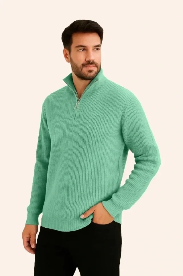 Erkek Fitilli Triko Kazak 3’lü Set, Mint Yeşili, Siyah, Bej Kalın Dokuma Pamuklu Regular Fit V Yaka Fermuarlı Uzun Kollu Rahat Kışlık Kazak Kombini görsel 3