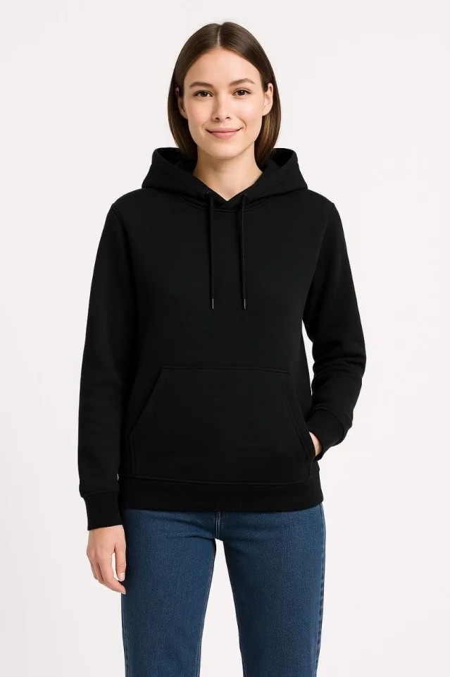 Üç Iplik Kapüşonlu Kanguru Çepli Sweatshirt Hoodie - Siyah