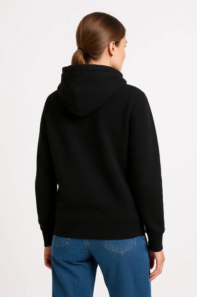 Üç Iplik Kapüşonlu Kanguru Çepli Sweatshirt Hoodie - Siyah görsel 2
