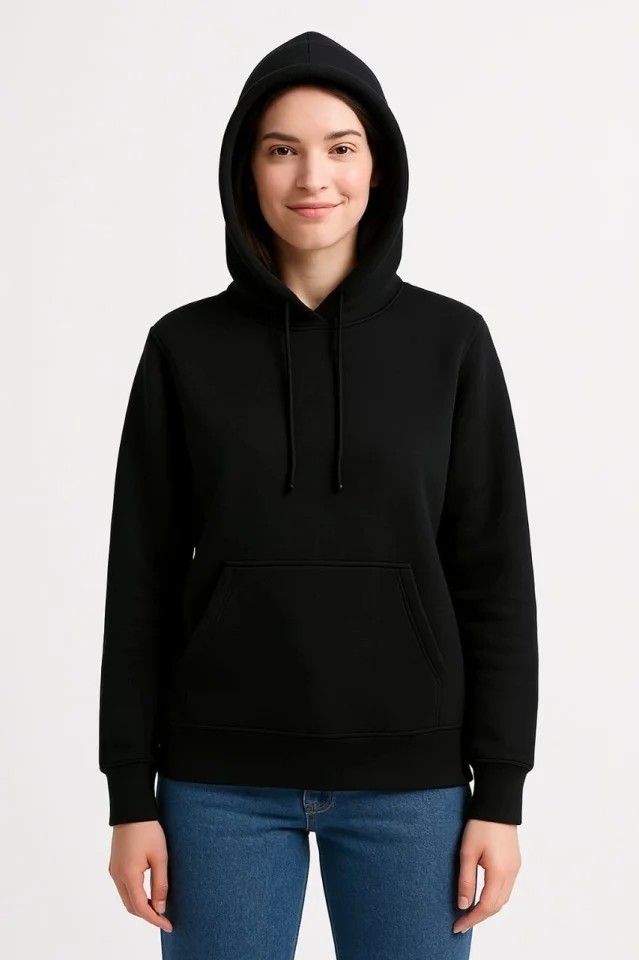 Üç Iplik Kapüşonlu Kanguru Çepli Sweatshirt Hoodie - Siyah görsel 3