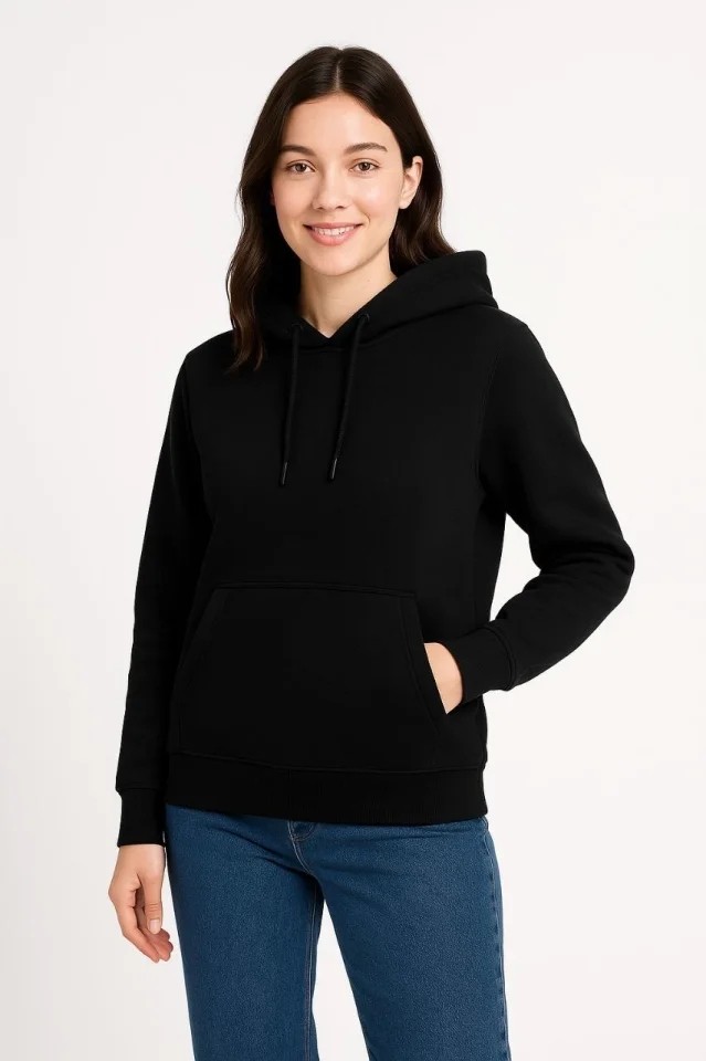 Üç Iplik Kapüşonlu Kanguru Çepli Sweatshirt Hoodie - Siyah görsel 4