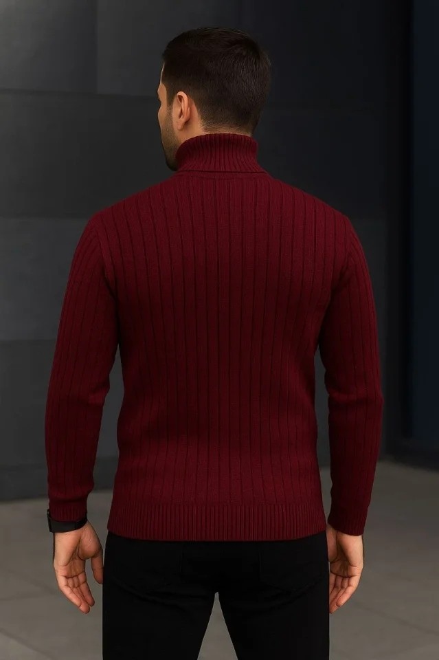 Erkek Fitilli Triko Kazak 2li Set Bordo Siyah Regular Balıkcı Yaka Tam Boğazlı Triko Seti Modeli Kazak görsel 2