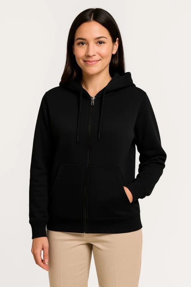 Üç Iplik Kapüşonlu Tam Fermuarlı Kanguru Çepli Sweatshirt Hoodie - Siyah görsel 2