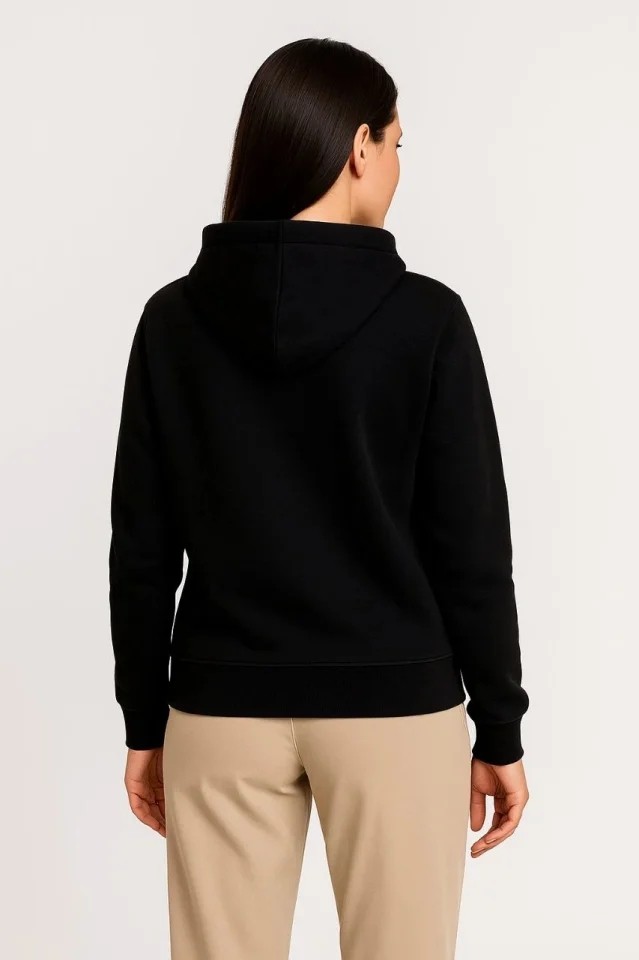 Üç Iplik Kapüşonlu Tam Fermuarlı Kanguru Çepli Sweatshirt Hoodie - Siyah görsel 4