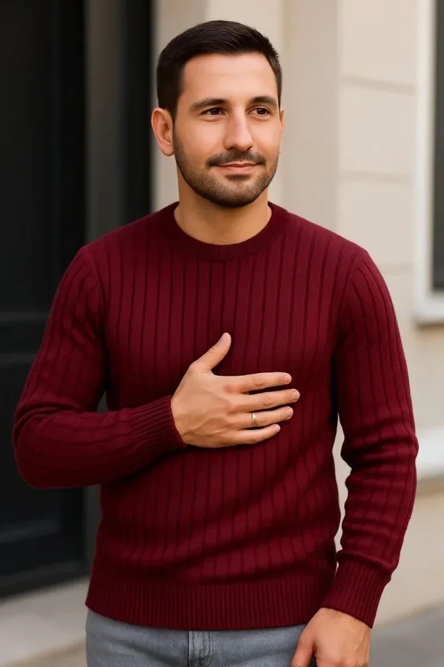 Erkek Fitilli Triko Bisiklet Yaka Kalın Kazak 4lü Set Beyaz-Bebek Mavisi-Gri-Siyah görsel 4